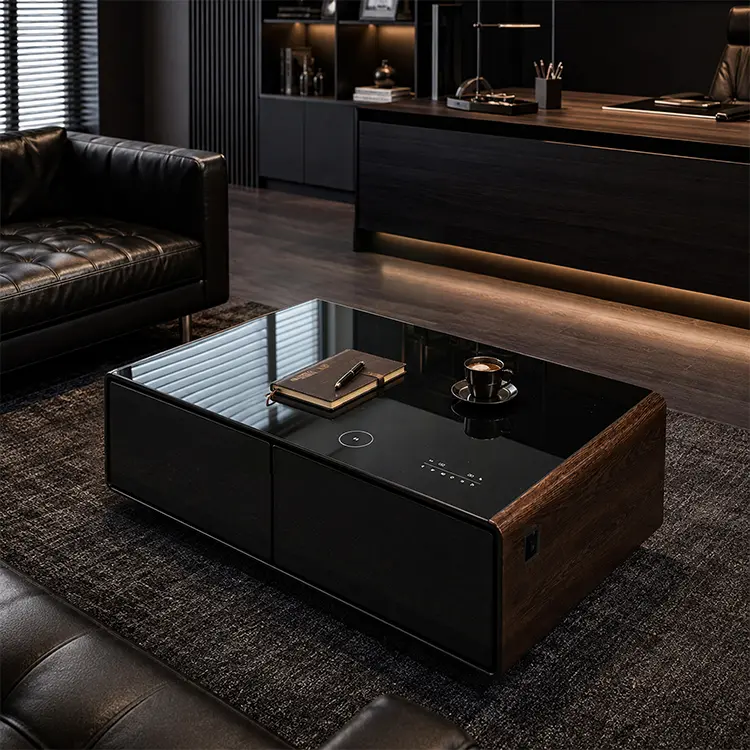 Smart Coffee Center Table with Built-in Refrigerator Drawers, Bluetooth Speaker, Wireless Charger for Office Lounge, Modern Smart Furniture