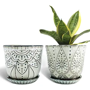 6 Inch Beaded Ceramic Planter Set of 2 with Drainage Hole and Saucer for , Indoor-Outdoor Large Round Succulent Orchid Flower Pot (Smoked Gray, Inner-pots not Larger Than 5 Inch)