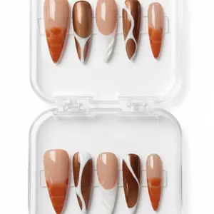 AK COSMETICS Press On Nails - Elegant Brown & White Swirl Design for Stylish Manicure