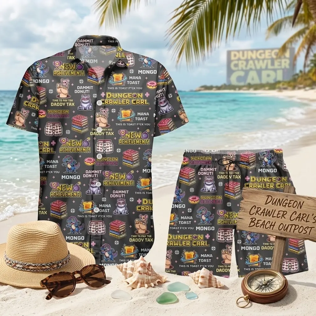 Dungeon Crawler Carl Hawaiian Matching Set Men Women Pixel Art Gamer Book Lover Mongo Mana Toast Funny Quote Print Loose Casual Summer Beach Outfit