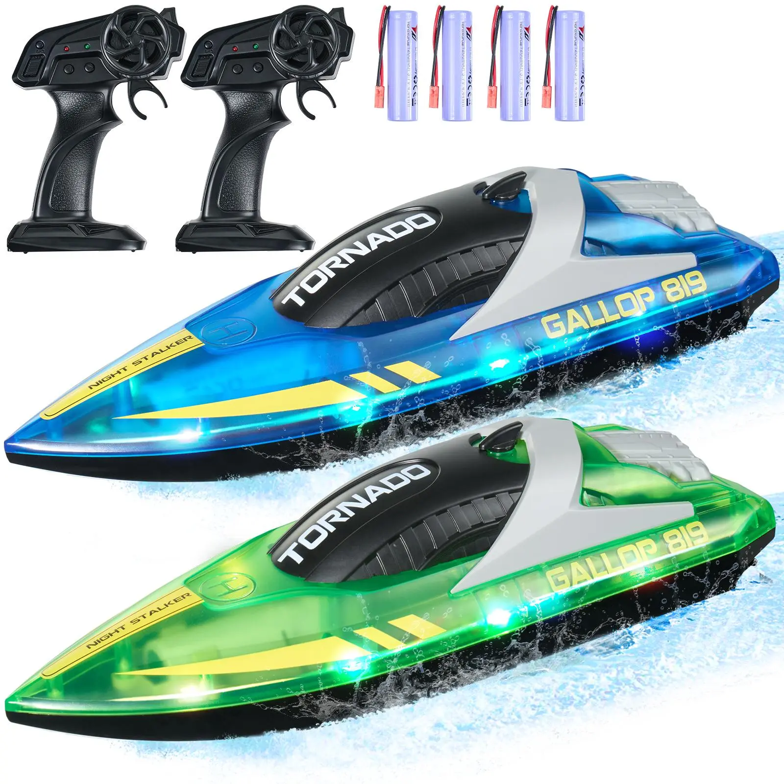 【summerfinds】VEVOR RC Boat, 2 Pack 2.4GHz 12 km/h, Remote Control Boat for Pools & Lakes, Racing Boat with LED Light, 4 Rechargeable Batteries, Whole Body Waterproof, Gift for Adults Boys & Girls, Blue & Green