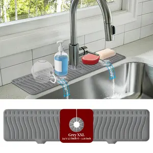 ODRAGO KITCHEN Grey Silicone Faucet Mat 24.1"x5.70"x0.59" Adjustable Fit Self-Draining Drip Catcher Tray for Kitchen Sink Splash Guard & Multi-Use Organizer