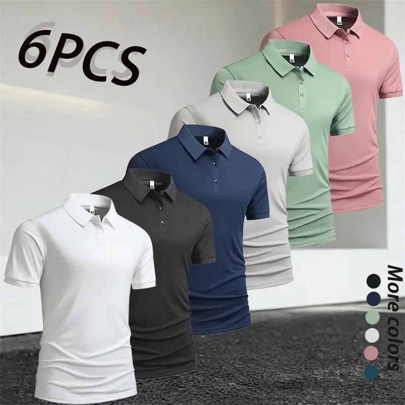 Men’s short-sleeve polo shirt pack of 6, business-casual style for a light-to-mature look, breathable and skin-friendly fabric with premium feel, classic turn-down collar design that looks sharp and polished, refined button placket, slim fit suitable for