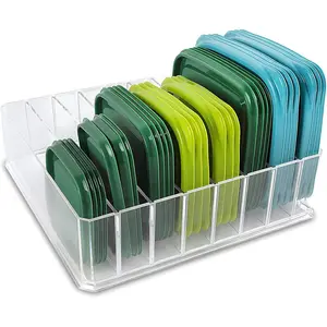 Lid Organizer for  Storage Container, Plastic Lid Holder with 7 Adjustable Dividers for Kitchen Pantry Cabinet and Drawer, Countertop Cupboard Lid Organization, Medium, Clear