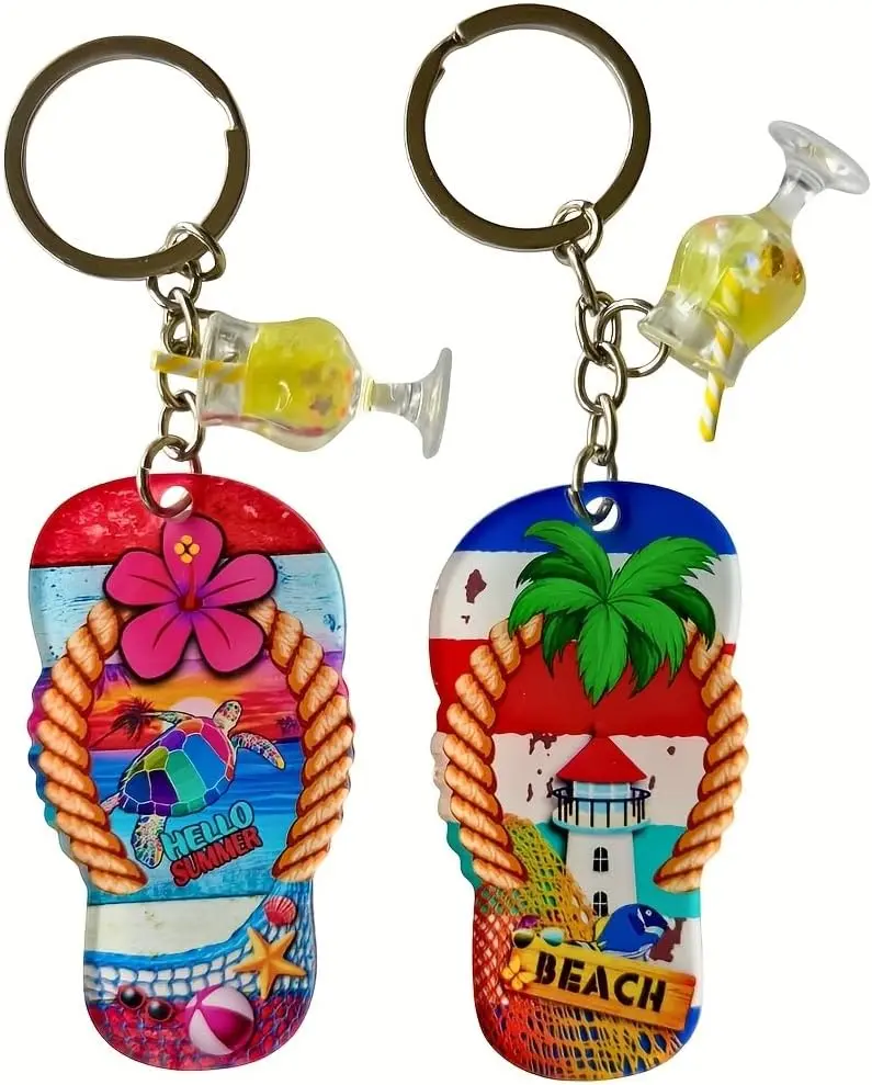 2pcs Puerto Rico Flip Flop Keychain with Cocktail Glass Charm, Acrylic Tropical Beach Design for Keys, Bags and Travel Souvenirs