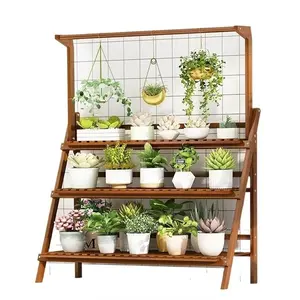 Bamboo 3-Tier Hanging Foldable Plant Stand With Hang Rod Planter Shelves Flower Pot Organizer Rack Folding Display Shelving Plants Shelf Unit Holder