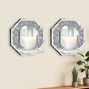 Crystal Diamond Wall Sconce Set of 2, Octagon Silver Mirror Candle Holder for Living Room, Dining Room & Bedroom Home Wall Decor Decoration Box