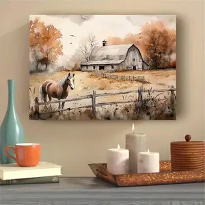 Room Decoration 1 Piece Farmhouse Wall Art Canvas Print, Country Style Horse and Stable Landscape, Real Wood Frame Decoration, 11x 14inch , Suitable for Living Room, Bedroom, Home Office