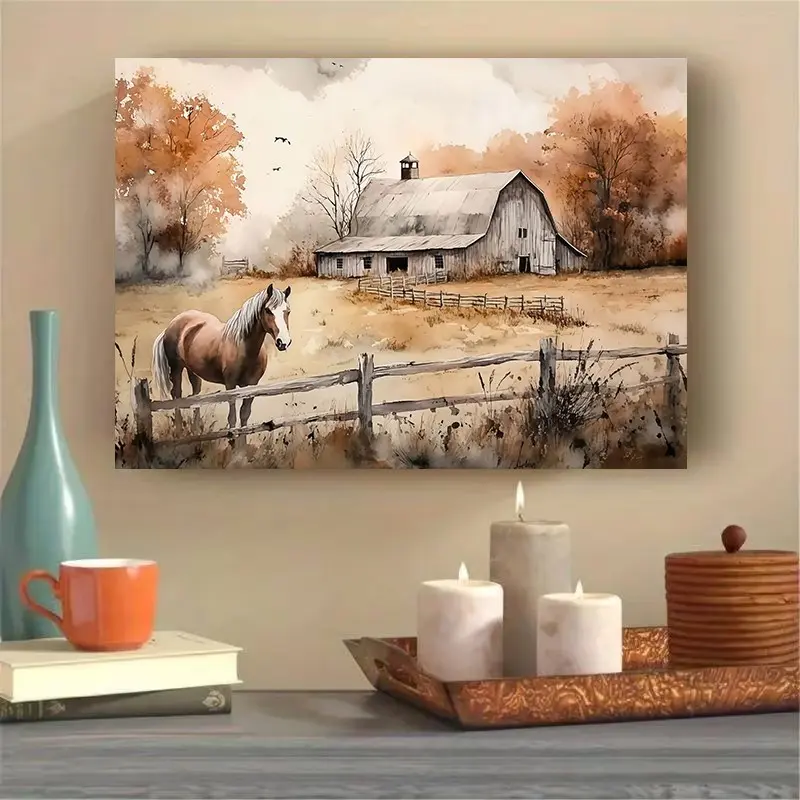 Room Decoration 1 Piece Farmhouse Wall Art Canvas Print, Decorative Artwork, Country Style Horse and Stable Landscape, Real Wood Frame Decoration, 11x 14inch , Suitable for Living Room, Bedroom, Home Office
