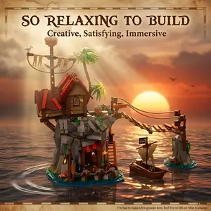 Pirate Cliffside Hideout Building Set (1044 Pcs) - Cabin & Suspension Bridge Architecture Model Kit