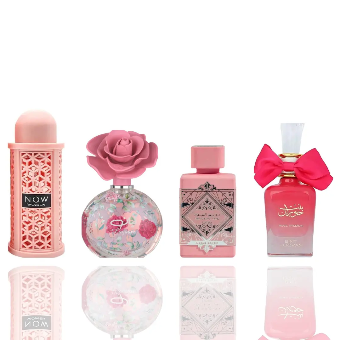 Lattafa Women's 4-Piece Fragrance Variety Bundle - 4 Scents (Now Pink, Layaan, Badee Al Oud Noble Blush, Bint Hooran Rose Passion) with Floral Amber, Marshmallow, Gourmand Vanilla, Strawberry Notes - Elegant, Fragranced Set, Fragranced Women's Fragrance