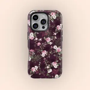 Vintage Burgundy Floral Phone Case, Elegant Botanical MagSafe Tough Cover for iPhone 17 16 15 14 13 12 11 Pro Max