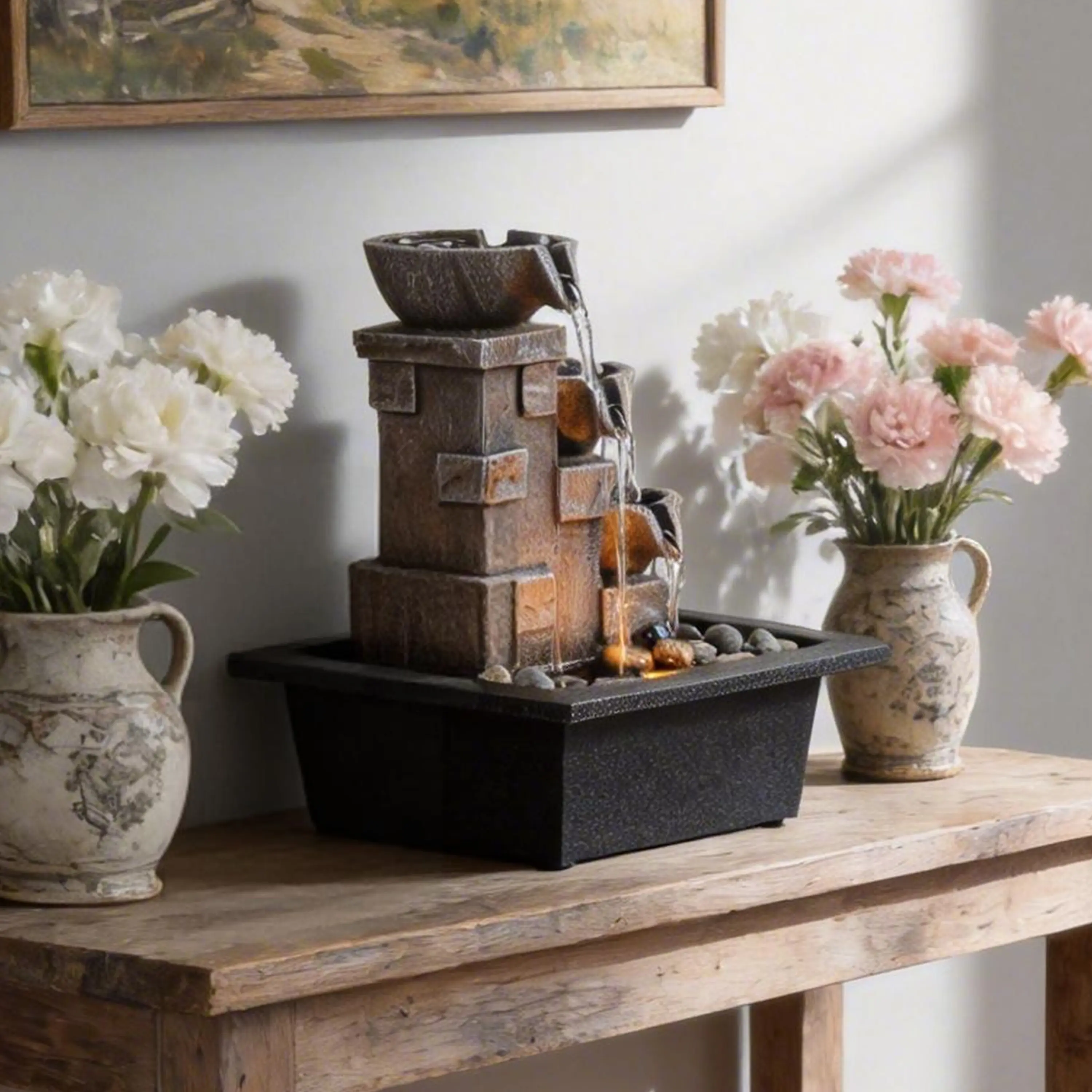 Zen meditation 3-tier stone table fountain made of resin, equipped with river rock ornaments & LED lights. Relaxing desktop ornament suitable for daily home office & Christmas decoration.