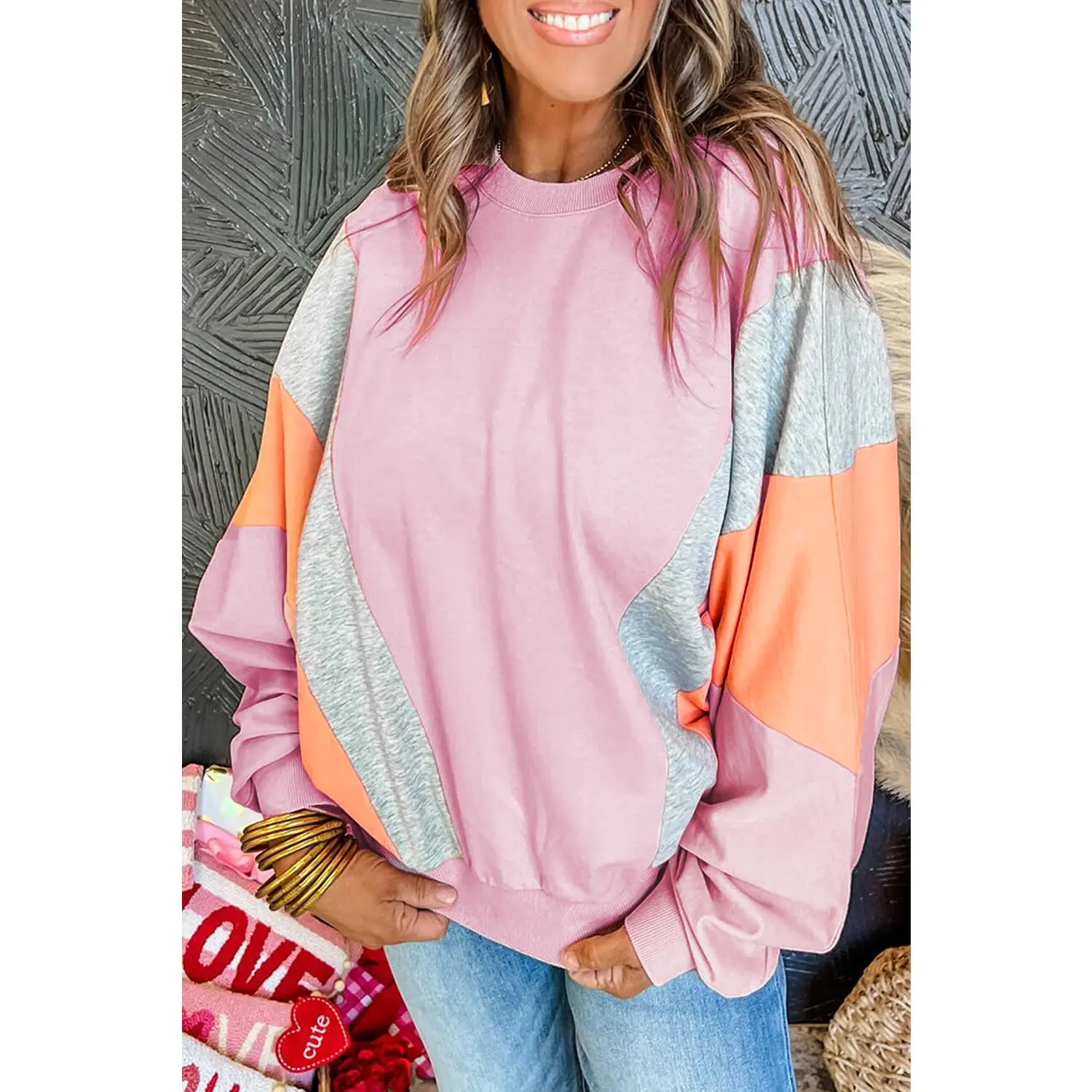 Light Pink Color Block Batwing Sleeve Loose Fit Sweatshirt