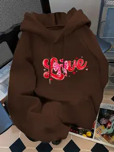 Women's Fashion Hooded Sweatshirt, Valentine's Day Love Print Pullover, Kangaroo Pocket, Long Sleeve, Casual Fall & Winter Wear