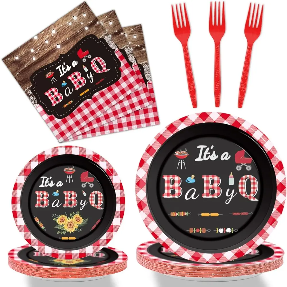 96 PCS BBQ Baby Shower Plates Napkins Party Tableware It’s A Baby Q Disposable Paper Plates Napkins Sunflower Rustic Barbecue Gender Reveal Baby Shower Party Decorations Supplies Favors