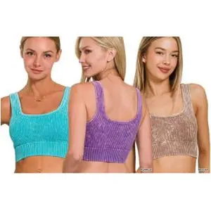 S-XL Mineral Washed Ribbed Bralette - Elegant Design with Smooth Finish, Removable Pads, 90% Nylon 10% Spandex, Ideal for Everyday Wear Fit Seamless