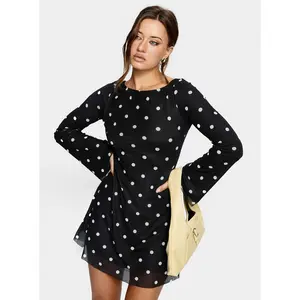 Lukea Long Sleeve Mini Dress Black Polka Dot