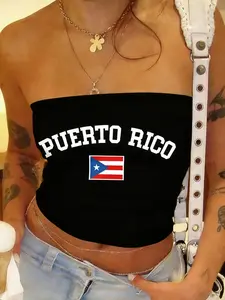 Puerto Rico Flag Y2K Strapless Tube Top, Womenswear, Trendy Retro Crop Top for Summer Vacation & Streetwear, Stretchy Comfy Graphic Bandeau Top Perfect for Concert Outfits & Girls’ Night, Show Off Your PR Pride with This Fashion State