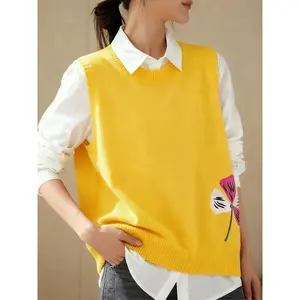 NewElegant Floral Print Sleeveless Knit Top, High Stretch Acrylic Round Neck Pullover, Casual Fitted Crop Sweater for Fall & Winter Can be used with raincoat(Gift)11