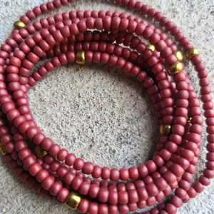 Burgundy 60 Inch Tie On Waistbeads with Gold Accents and Red Beads