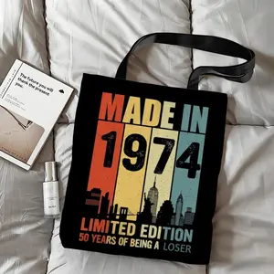 PIKPAKA Vintage Limited Edition 1974 Storage Bags Canvas Double-Sided Print Tote Bag Large Capacity Shoulder Students Festive Fashion Eco Outdoor Picnic Travel High Quality Shopping Handbag Machine Washable Foldable Reusable