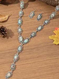 Boho Style Jewelry Set, Vintage Fashion Long Necklace & Dangle Earrings, Trendy All-match & Exquisite Jewelry Set for Birthday Gift, Turquoise Jewelry Set