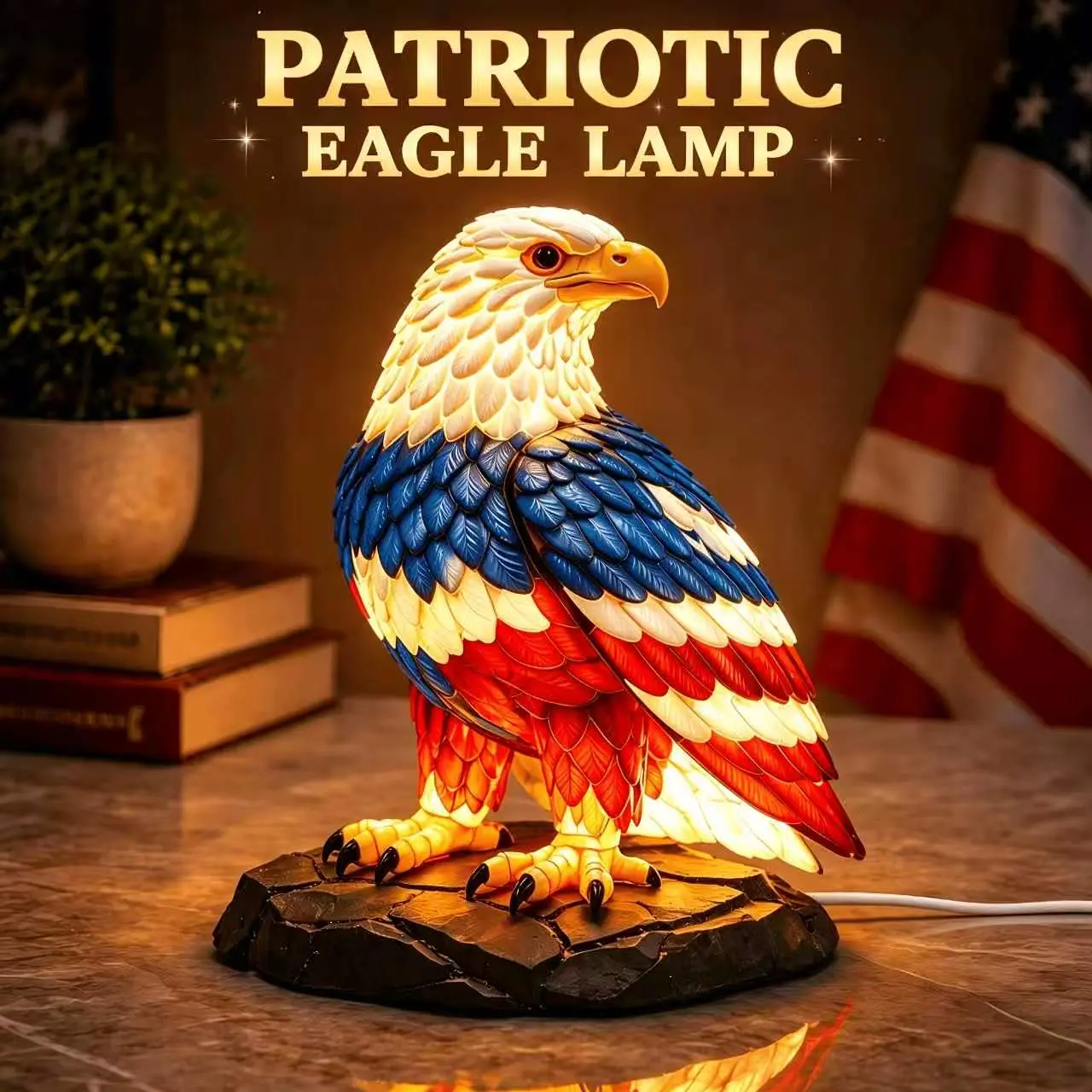Patriotic Bald Eagle Color Resin Desk Lamp - LED Night Light with American Flag Design, Fourth of July/Veterans Day/Memorial Day Decor, Collectible for Eagle Collectors, Unique Gift for Friends, Independence Day