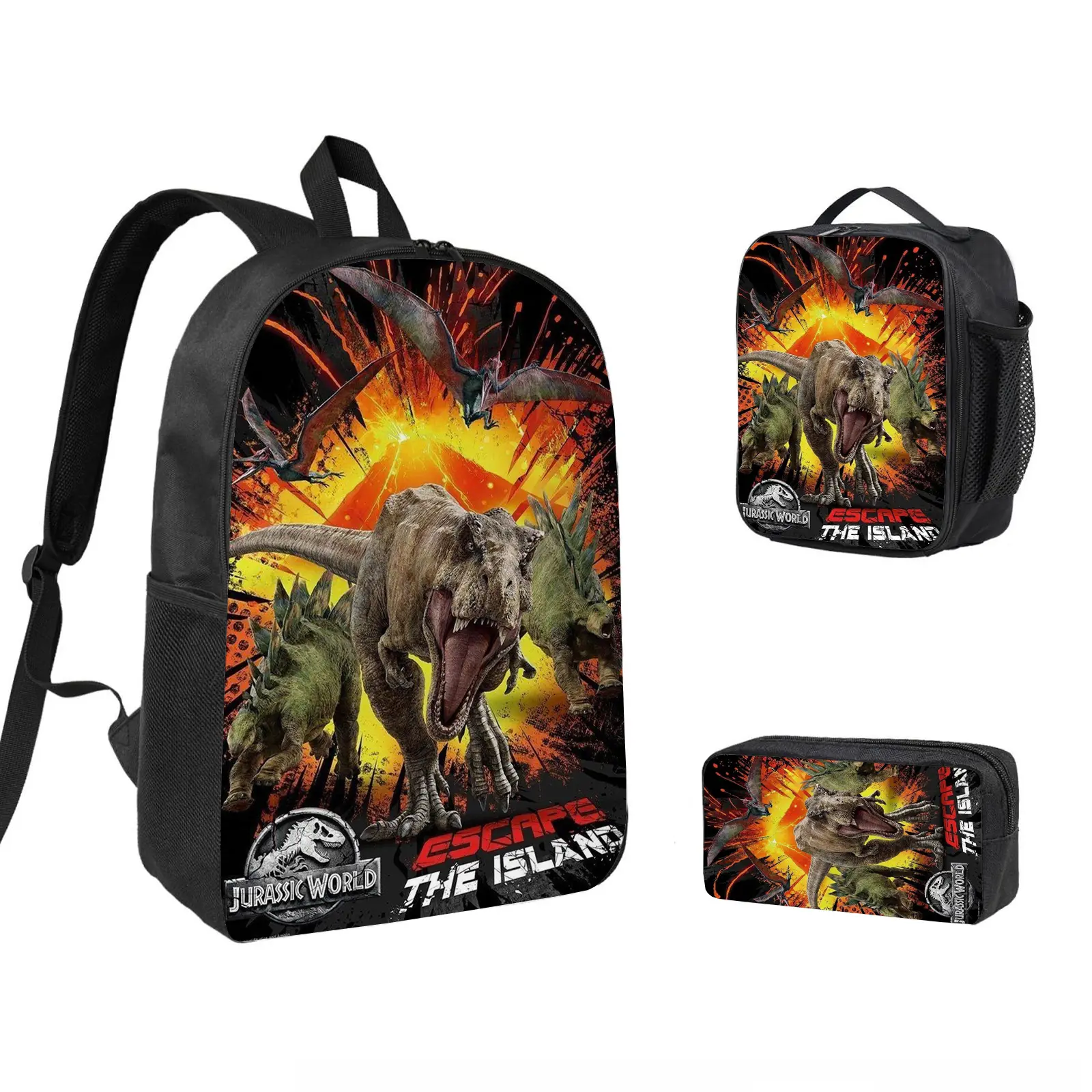Jurassic Park 3 PCS Backpack Set, Durable School Bookbag with Insulated Lunch Bag & Pencil Case for Teens Boys Girls, Comfortable Travel Daypack Gift for Fans d-131