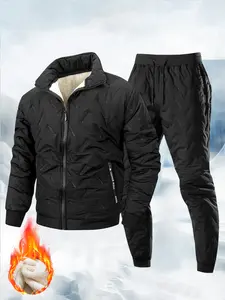 A set of men's winter fleece-lined thickened stand collar zipper jacket and pants. A simple and versatile solid color thickened zipper jacket with warm long pants. Casual and stylish fleece-lined solid color jacket and pants set, suitable for daily leisur