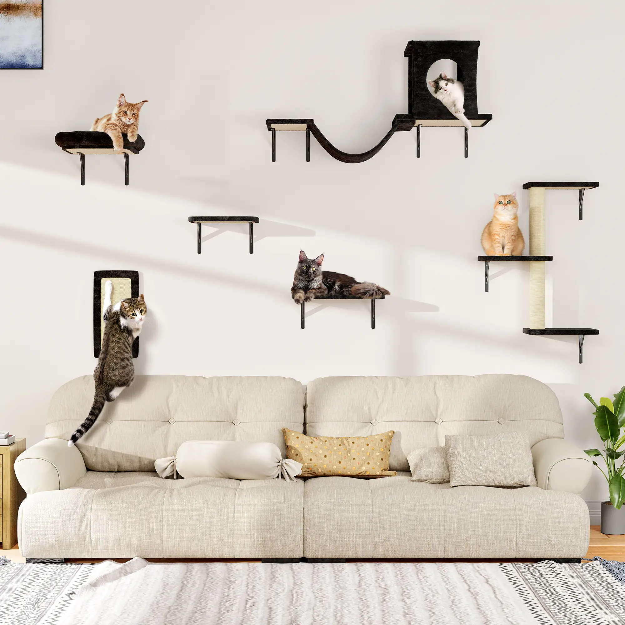 6-Piece Wall-Mounted Cat Climbing Set with Condo, Scratching Post, Bridge & Toy ,Summervibes