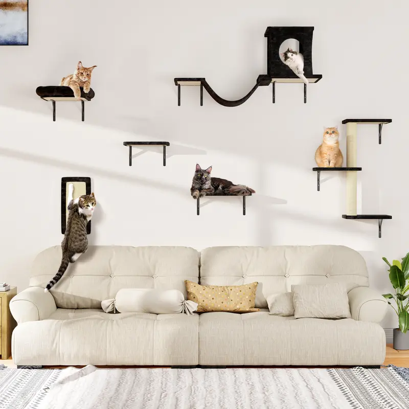 6-Piece Wall-Mounted Cat Climbing Set with Condo, Scratching Post, Bridge & Toy ,Summervibes,Halloween gifts for cats