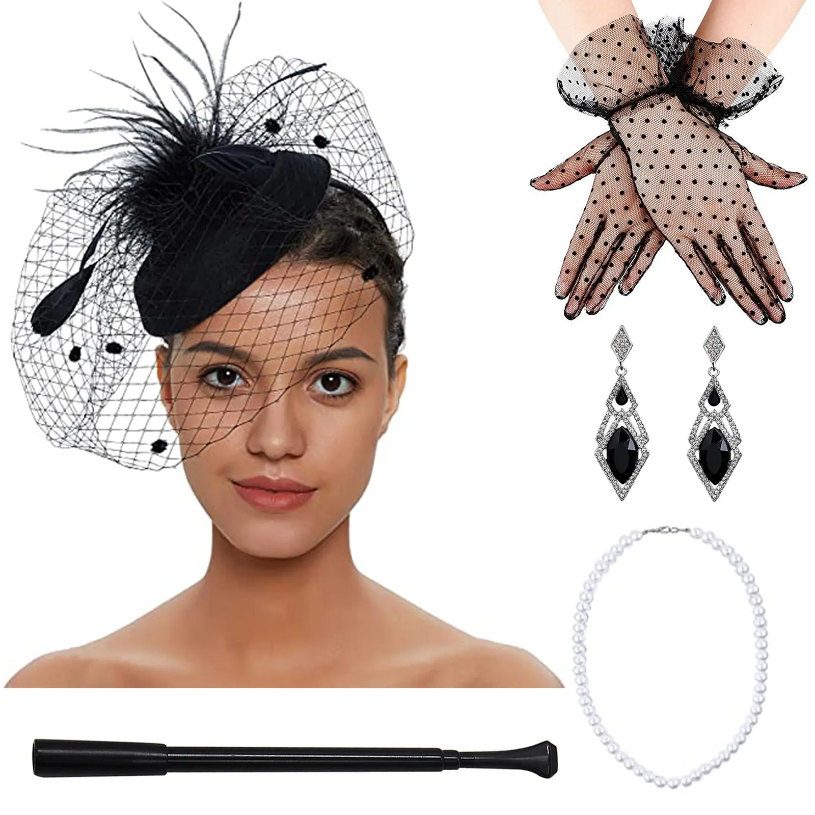 Vintage 1920s & 50s Costume Accessory Kit for Women, 5-Piece Set with Polka Dot Fascinator Hat, Lace Gloves & Faux Pearl Necklace, Gift, Lightweight, Classic Fashion Accessory Sets, Elegant Fashion Accessory Sets