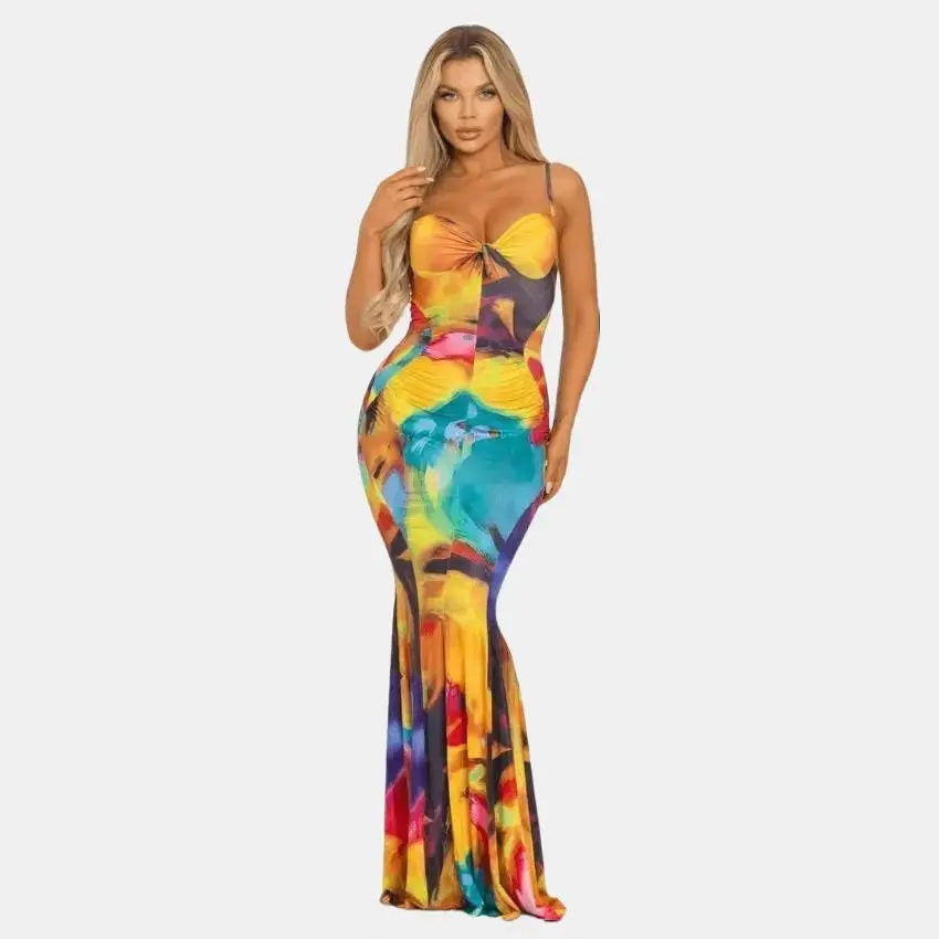 Fabiola Knotted bodice Multi Abstract Print Maxi Dress-Yellow Multi Casual Comfort Womenswear Beach
