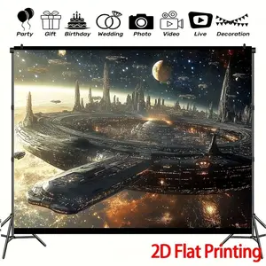 1pc Sci Fi Backdrop Space Station Planet Floating Landscape Polyester Fabric for Indoor Outdoor Events Holiday Ornaments Photography Party Banner