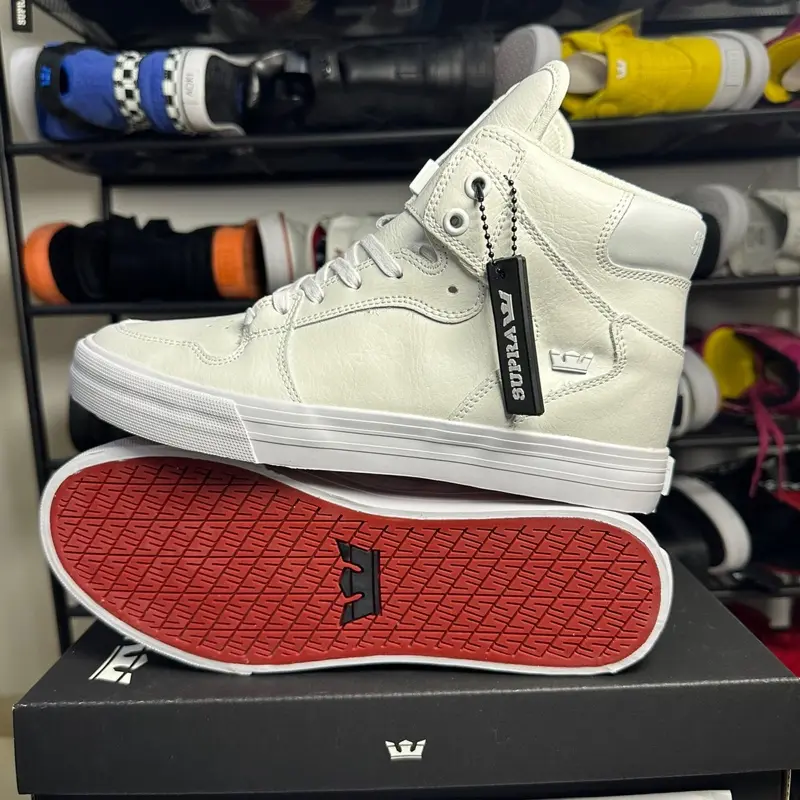 Supra Vaider Red White Ruched Leather High Top Sneakers Men Hip