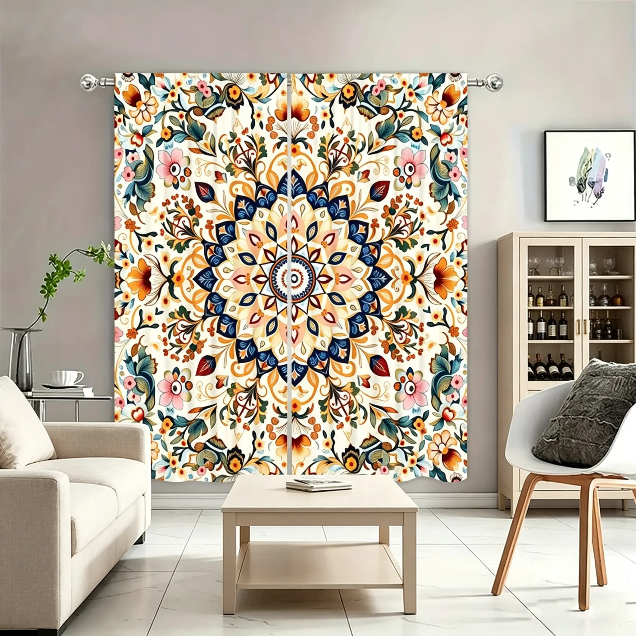 Bohemian style colorful floral printed curtains, ethnic style mandala pattern, living room bedroom semi blackout curtains, 2-piece set of polyester material curtains