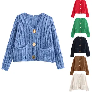 Molitree Women's Cropped Button Long Sleeve Sweater Chunky Knit Sweater Knitwear Cardigan