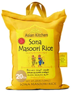 Asian Kitchen White Sona Masoori Aged Rice 20lbs (9.08kg) Short Grain Rice ~ All Natural | Gluten Friendly | Vegan | Indian Origin | Export Quality