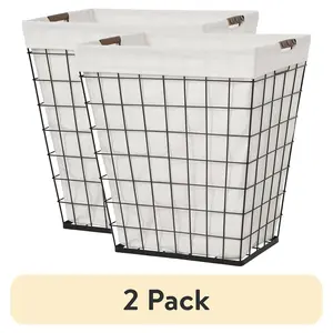 (2 pack)  75L Rectangular Steel Wire Laundry Hamper with Removable Cotton Blend Liner for Adult, Black & Natural