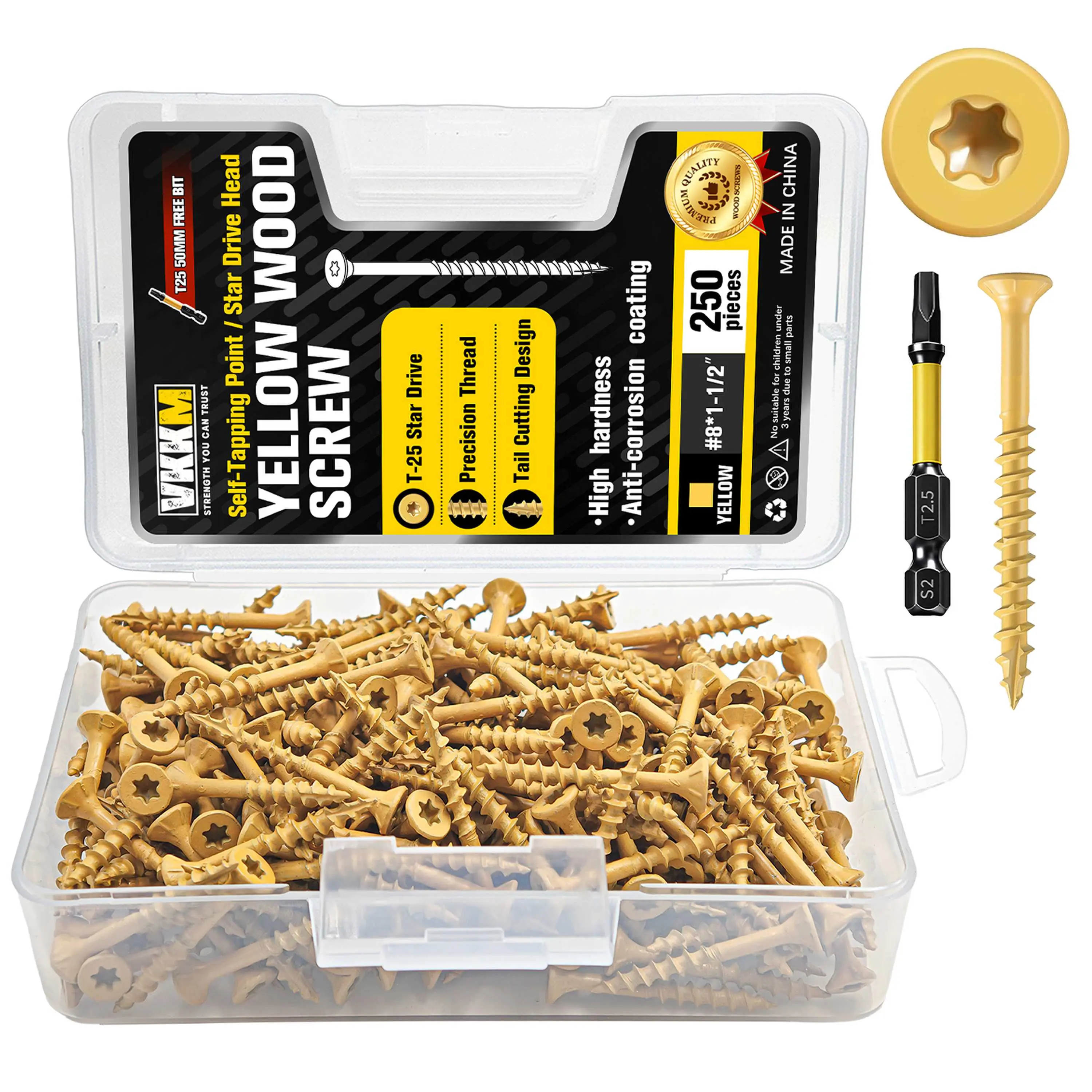 VKKM #8 x 1-1/2 Inch Yellow Wood Screws, 250 Pack T25 Torx Star Drive Deck Screws, Flat Head Self Tapping Wood Fasteners with Free T25 Drill Bit for Indoor & Outdoor Wood Construction, Deck, Fence & Woodworking Projects