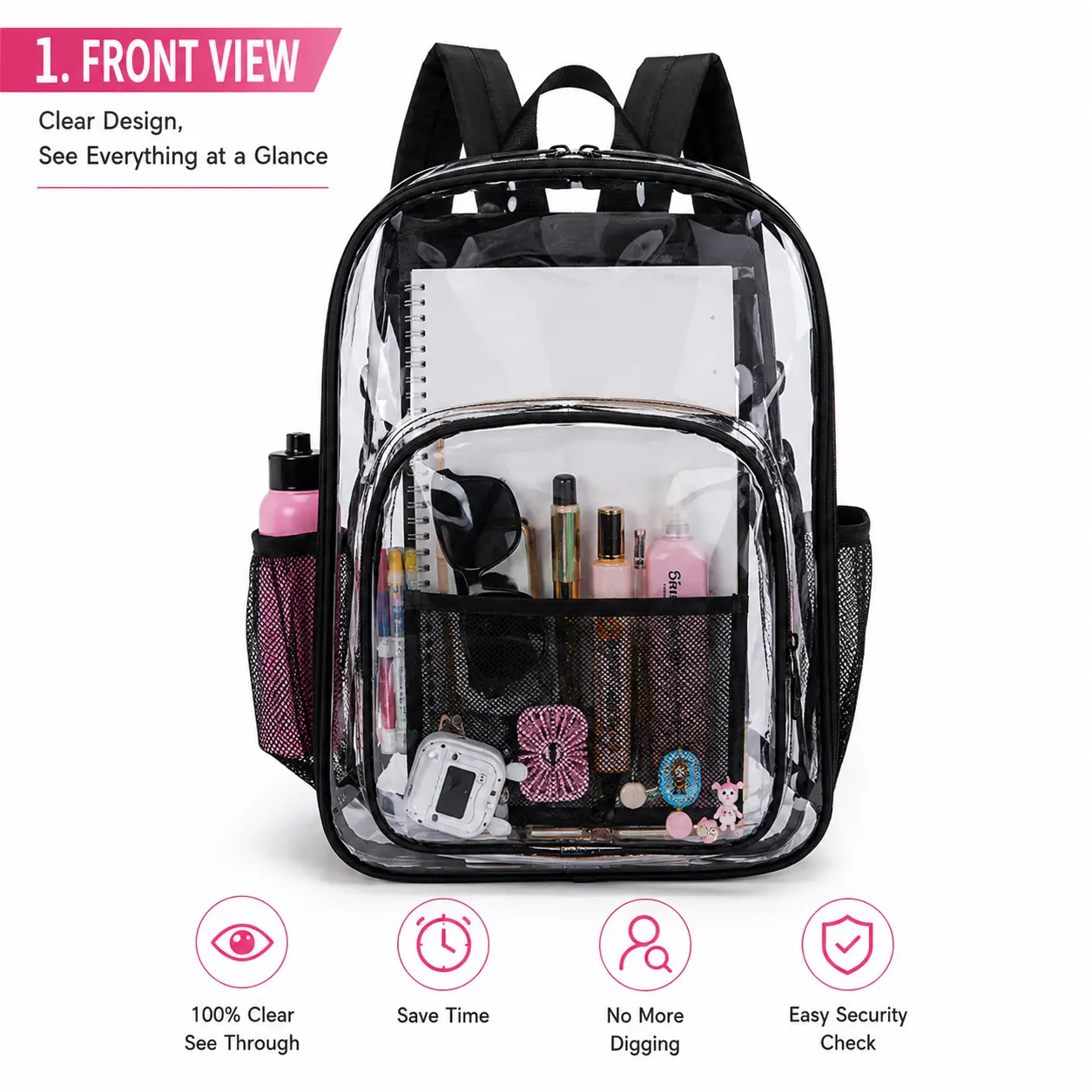 Stadium Approved Clear Backpack, Transparent Bag for Concerts, Sports Games, Festivals & Events, PVC See Through Backpack with Zipper Pockets