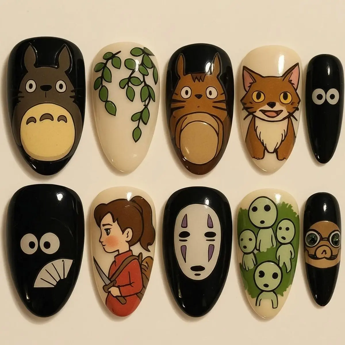 Studio Ghibli Press On Nails | Totoro Spirited Away Hand Painted Anime Handmade Nail Art with Gift Set (Adhesive Tabs, Nail File, Cuticle Stick)
