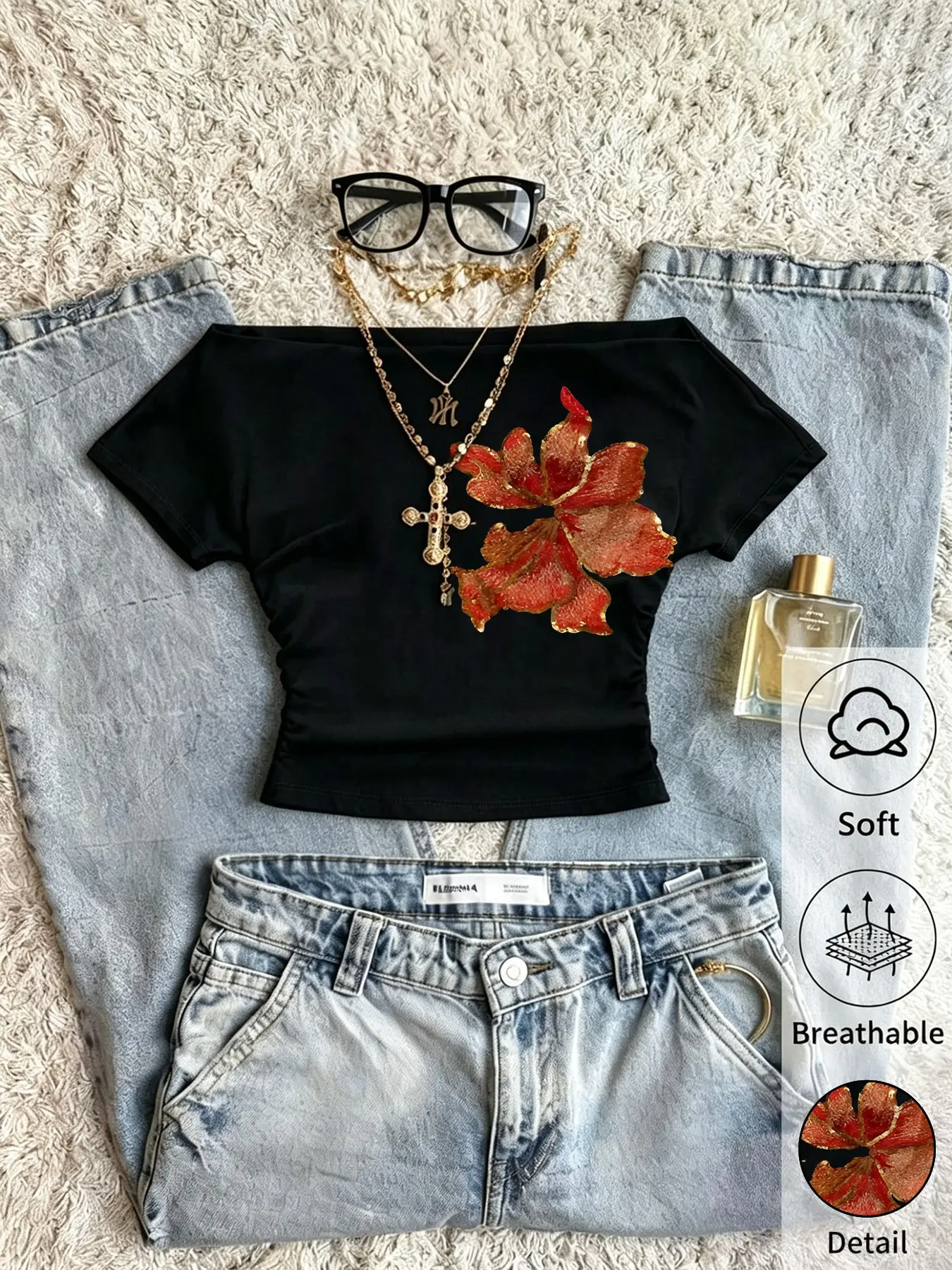 2026 Off-Shoulder Crop Top, Soft and Breathable Black T-Shirt, Womenswear, Casual Fashion Clothing, Floral Pattern, Slim Fit, Suitable for Y2K Style and OOTD, Casual and Night-Out Item for Gen Z, Summer
