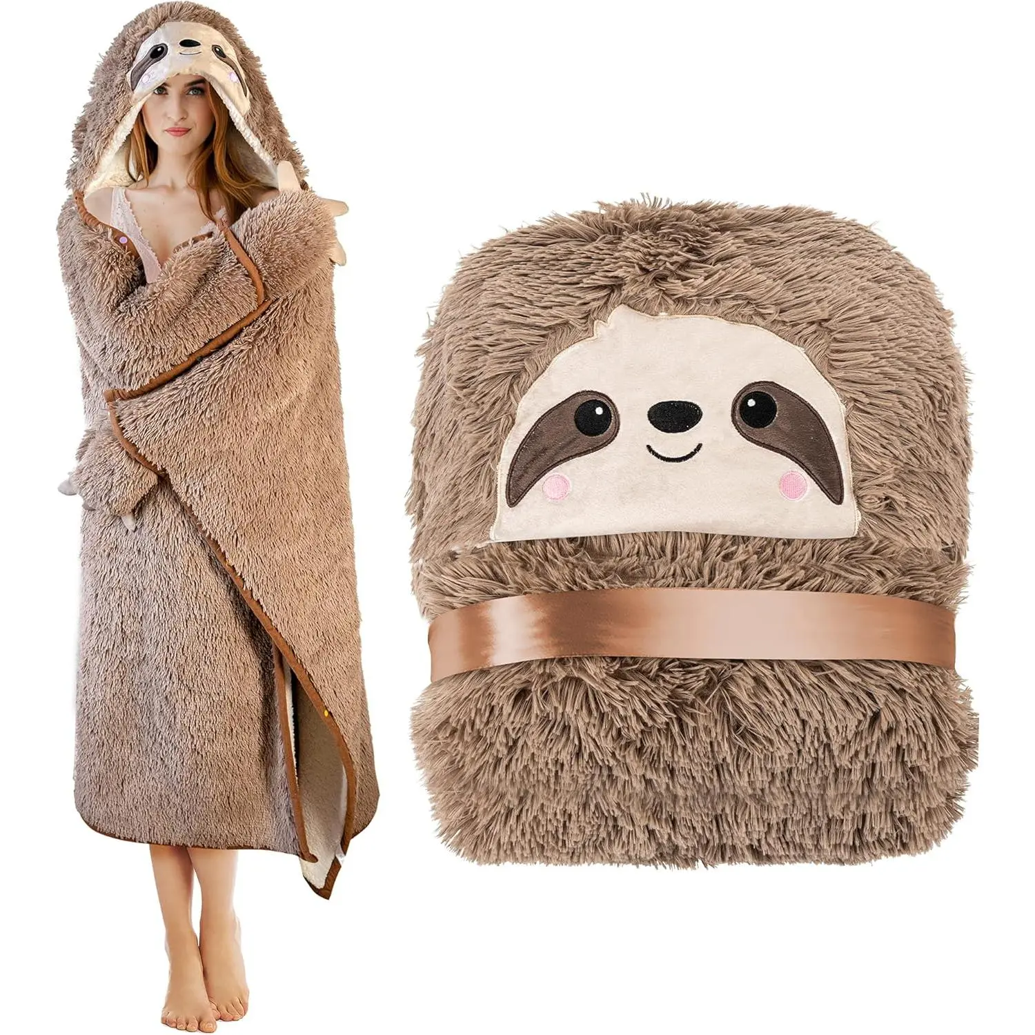 Sloth Wearable Hooded Blanket for Adults - Fluffy Super Soft Shaggy Faux , Fuzzy Warm Cozy Plush Furry Fleece & Sherpa Hoodie Throw Cloak Wrap - Sloth Gifts for Women Adults and