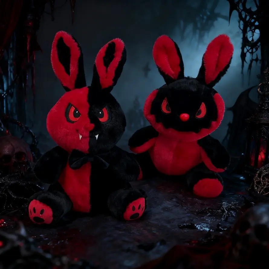 Goth Bunny Plush Toy, Split Face Gothic Stuffed Animal, Creepy Cute Halloween Demon Rabbit Doll, Spooky Evil Vampires Bunny, Alt Room Aesthetic Decor, Kawaii Horror Plushies Holiday Christmas Birthday Gift, Red and Black, 1 Pack