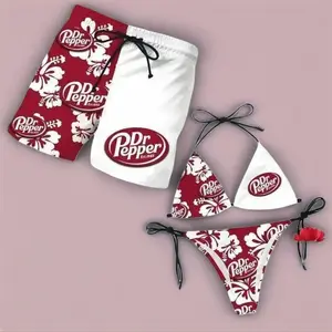Dr Pepper Swimsuits For Couples - Swim Bra & Tie Side Thong Bikini + Men's Beach Shorts, Summer Vacation Swimsuit, Hawaiian Shorts