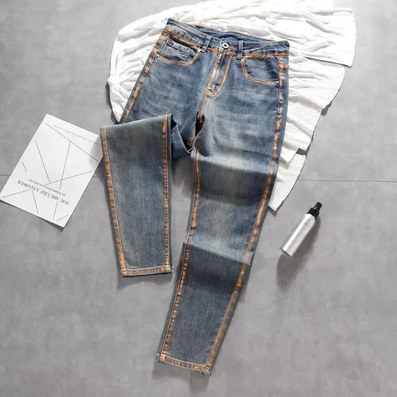 Slim Fit Denim Jeans for Men, Harajuku Style Pencil Pants with Pockets, Spring and Autumn Menswear Trousers, Clothes, Mens Clothing, Denim Fabric, Harajuku Fashion Hit