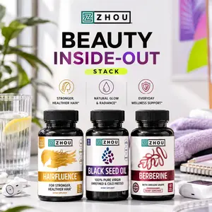 Zhou Beauty Inside-Out Stack — Hairfluence Hair Vitamin + Black Seed Oil Capsules + Berberine with Oregon Grape — Daily Beauty Routine