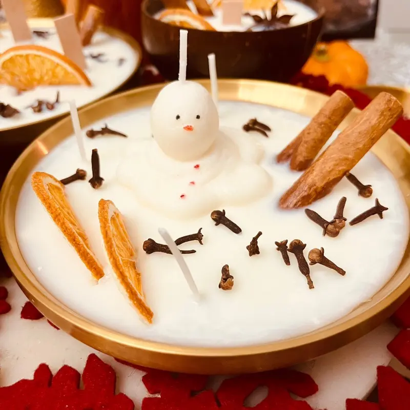Melting Snowman in a gold dish Pumpkin Spice Scented 100% Soy Holiday Candle Eco Friendly Festive Atmosphere Gift